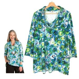 Cotton Lani Blue Tunic Top Tide Pool Cowl Neck Top Front Pockets Size Large